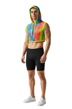 Load image into Gallery viewer, Model wearing a fishnet hooded crop top that's tie dyed neon green, sky blue, hot pink, and neon yellow
