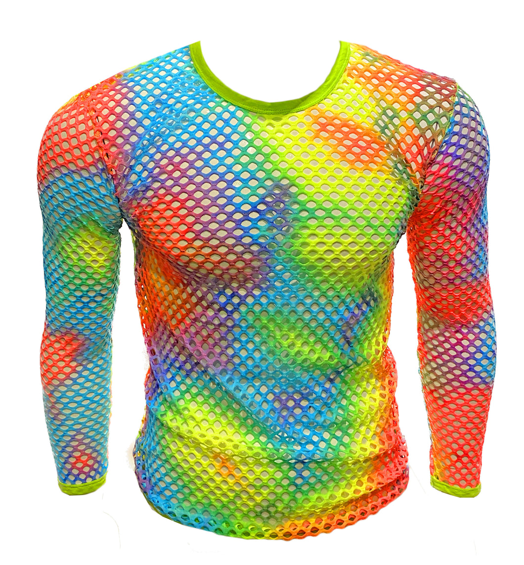 A long sleeve fishnet tee with a vibrant rainbow tie-dye pattern and neon green trim.