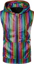 Load image into Gallery viewer, A multicolored, metallic zip-up hooded vest with rainbow-colored squares.

