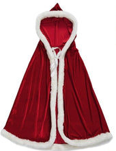 Load image into Gallery viewer, Red hooded cloak with white fur trim on a white background
