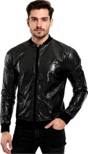 Load image into Gallery viewer, Man wearing a shiny black jacket zipped up
