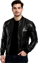 Load image into Gallery viewer, Man wearing a shiny black jacket with a zipper
