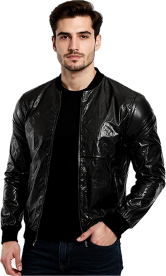 Man wearing a shiny black jacket with a zipper