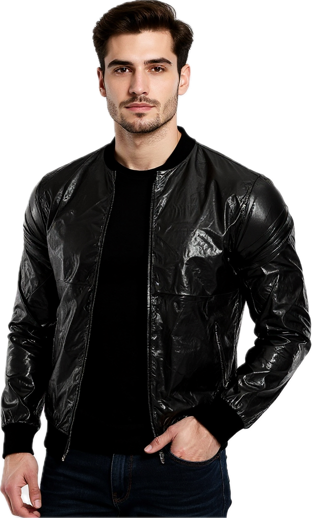 Man wearing a shiny black jacket with a zipper