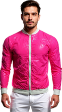 Load image into Gallery viewer, Man wearing a bright pink high gloss jacket with a white zipper 
