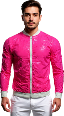 Man wearing a bright pink high gloss jacket with a white zipper 