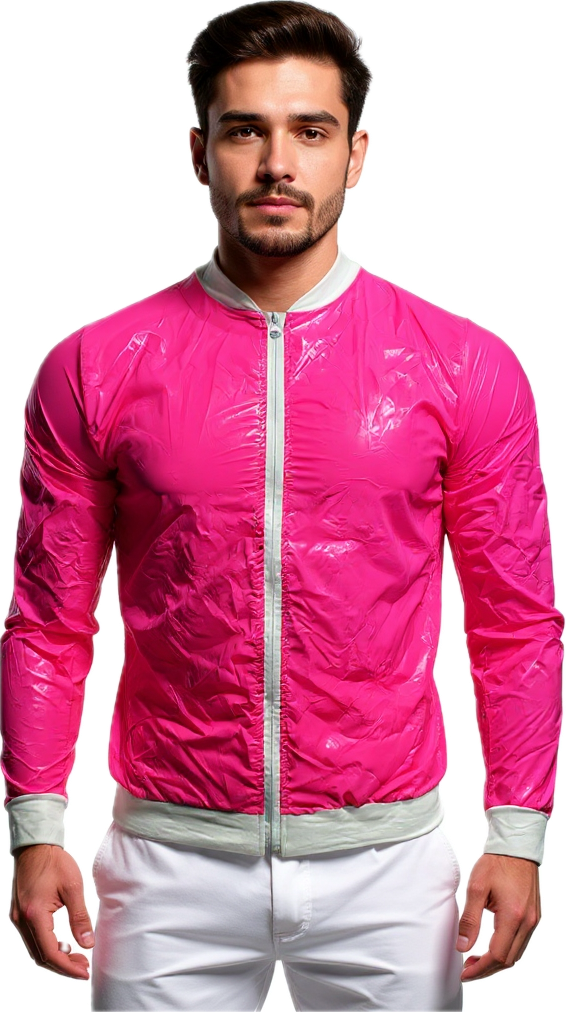 Man wearing a bright pink high gloss jacket with a white zipper 