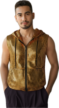 Load image into Gallery viewer, Man wearing a zip up hooded vest with gold squares pattern
