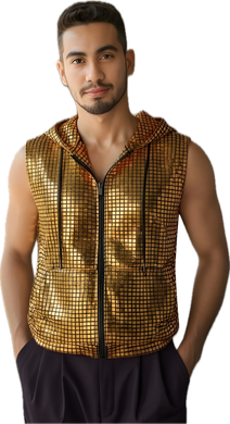 Man wearing a zip up hooded vest with gold squares pattern