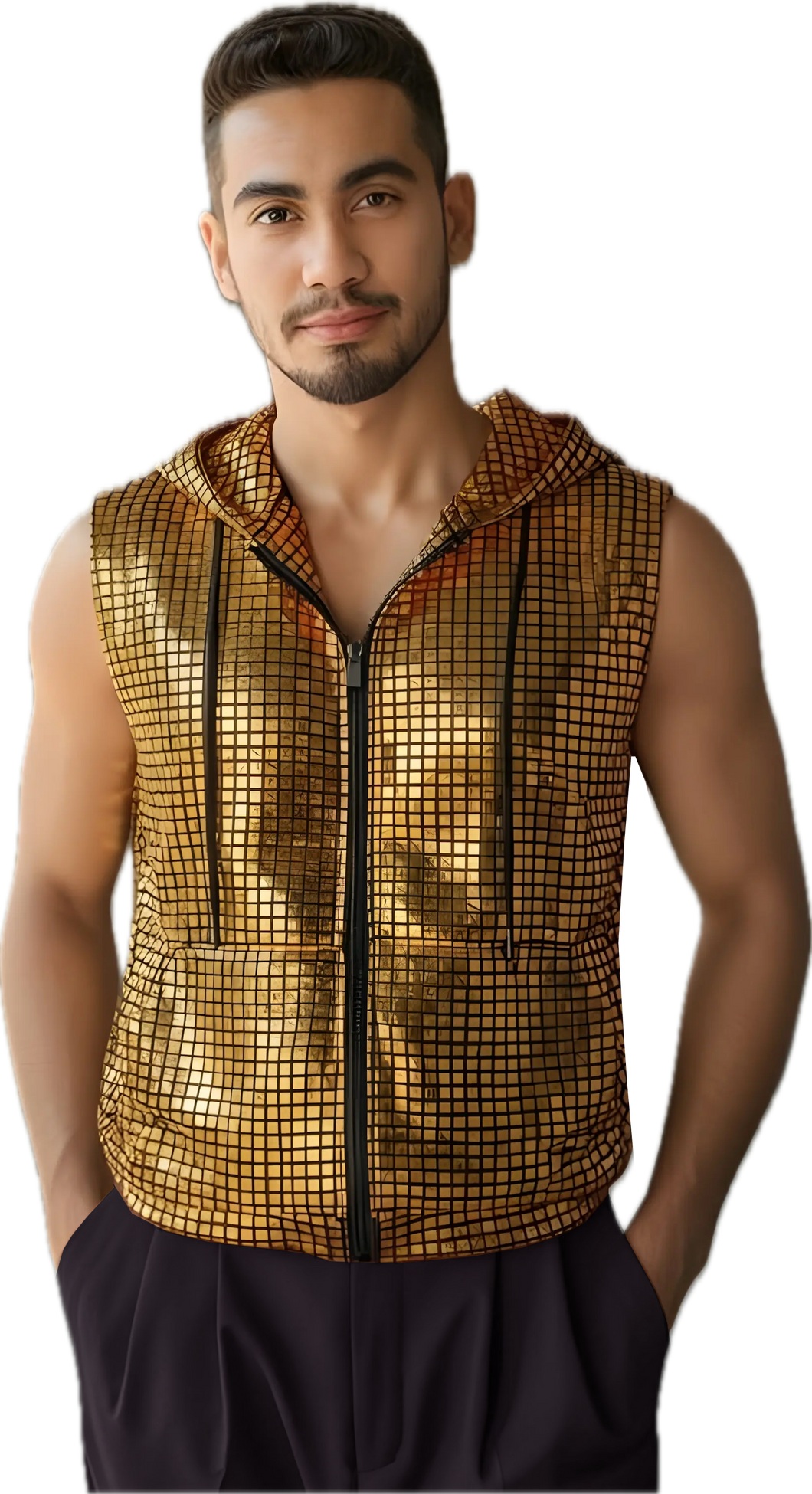 Man wearing a zip up hooded vest with gold squares pattern