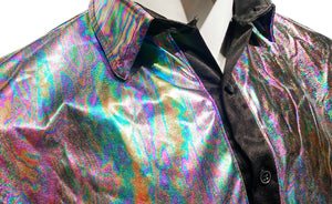 Metallic Oil-Slick Short Sleeve Button-Up