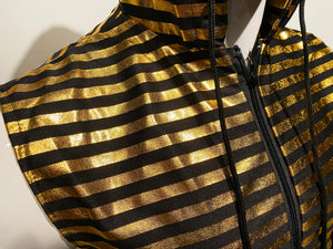 Metallic Zip Up Hooded Vest - Black Gold Stripes