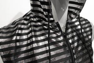 Metallic Zip Up Hooded Vest - Black Silver Stripes