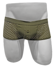 Load image into Gallery viewer, Mannequin wearing army green fishnet trunk. Underwear has solid fabric pouch with a button fly and mesh sides
