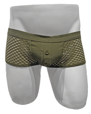 Mannequin wearing army green fishnet trunk. Underwear has solid fabric pouch with a button fly and mesh sides