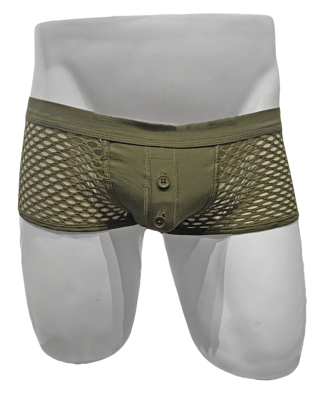 Mannequin wearing army green fishnet trunk. Underwear has solid fabric pouch with a button fly and mesh sides