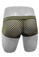 Load image into Gallery viewer, Rear view of mannequin wearing army green fishnet trunk. Back side of the underwear is mesh
