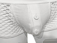 Load image into Gallery viewer, Close-up of white fishnet trunk underwear with a solid fabric pouch and  button fly
