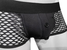 Load image into Gallery viewer, Close up of black fishnet trunk underwear. Pouch is solid fabric with a button fly
