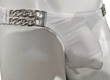 Load image into Gallery viewer, Close up of white swim briefs, showing silver chains at the sides that hold the fabric 
