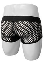 Load image into Gallery viewer, Rear view of mannequin wearing black fishnet trunk. Back side of underwear is all mesh
