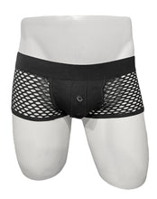 Load image into Gallery viewer, Mannequin wearing black fishnet trunk. Underwear has solid fabric pouch with a button fly and mesh sides

