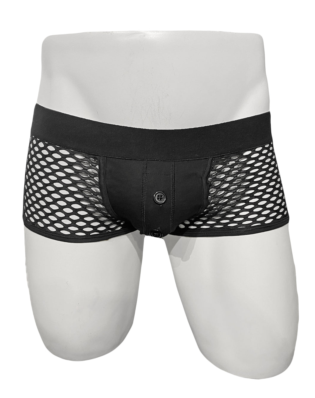 Mannequin wearing black fishnet trunk. Underwear has solid fabric pouch with a button fly and mesh sides