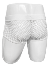 Load image into Gallery viewer, Rear view of mannequin wearing white fishnet trunk. Back side of underwear is all mesh

