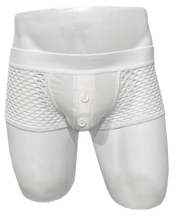 Load image into Gallery viewer, Mannequin wearing white fishnet trunk. Underwear has solid fabric pouch with a button fly and mesh sides
