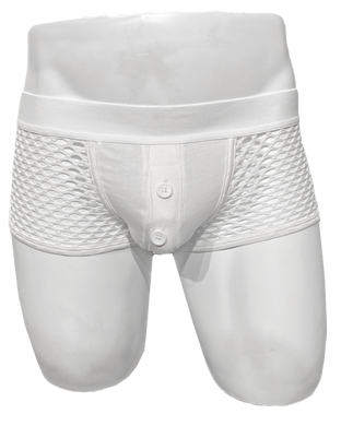 Mannequin wearing white fishnet trunk. Underwear has solid fabric pouch with a button fly and mesh sides