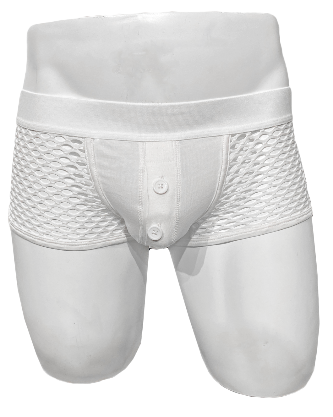 Mannequin wearing white fishnet trunk. Underwear has solid fabric pouch with a button fly and mesh sides