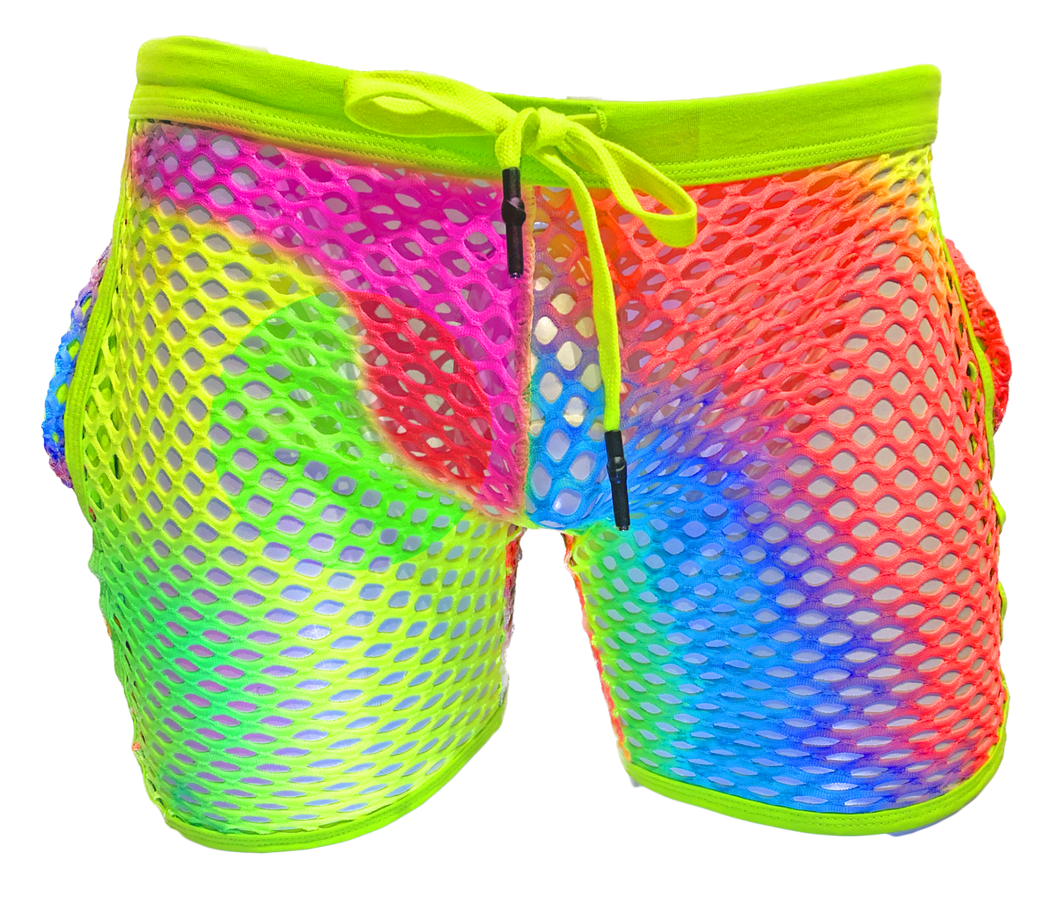 Neon Fishnet Shorts - Rainbow Tie Dye