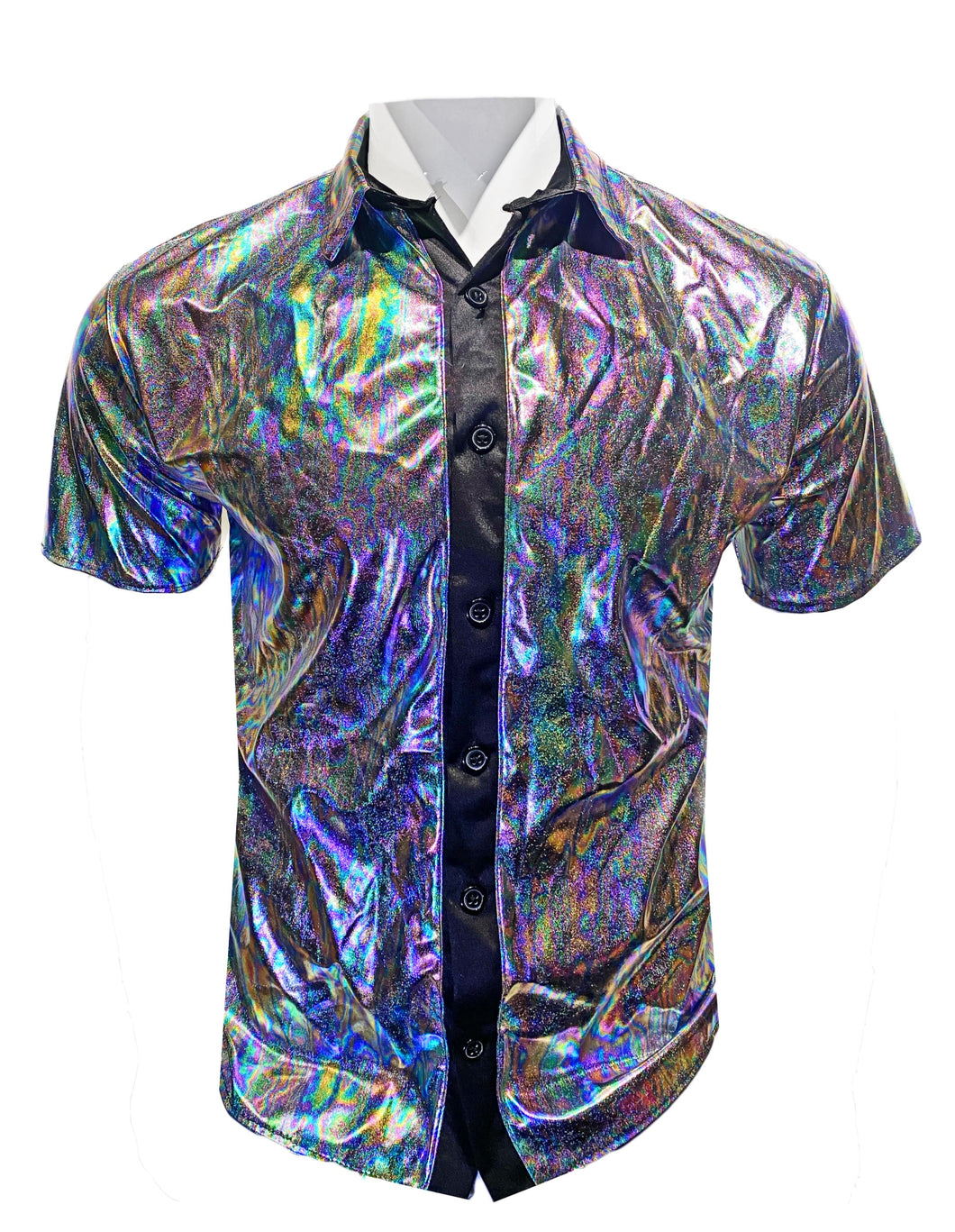 Metallic Oil-Slick Short Sleeve Button-Up