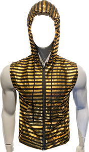 Metallic Zip Up Hooded Vest - Black Gold Stripes