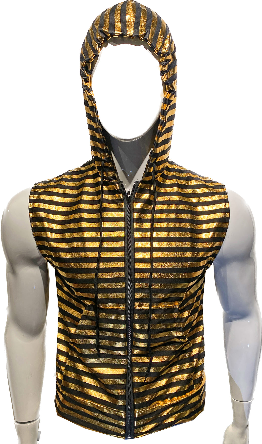 Metallic Zip Up Hooded Vest - Black Gold Stripes