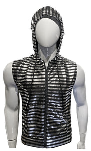 Metallic Zip Up Hooded Vest - Black Silver Stripes