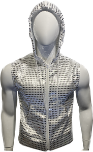 Sequins Zip Up Hooded Vest - White Silver