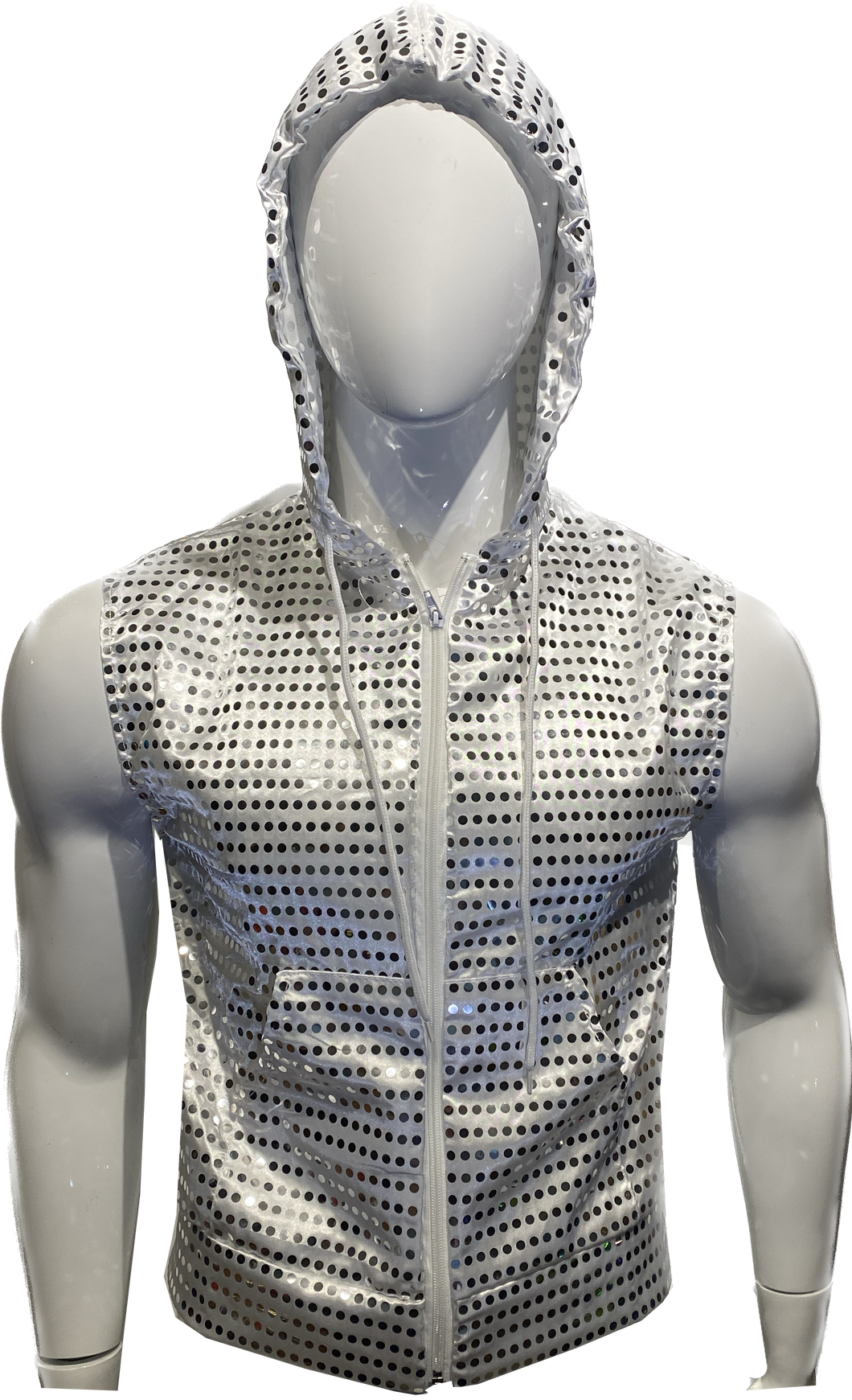 Sequins Zip Up Hooded Vest - White Silver