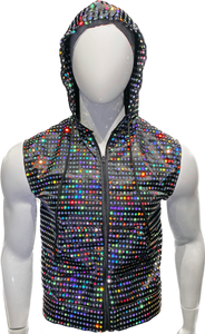 Flat Sequins Zip Up Hooded Vest - Black Holo