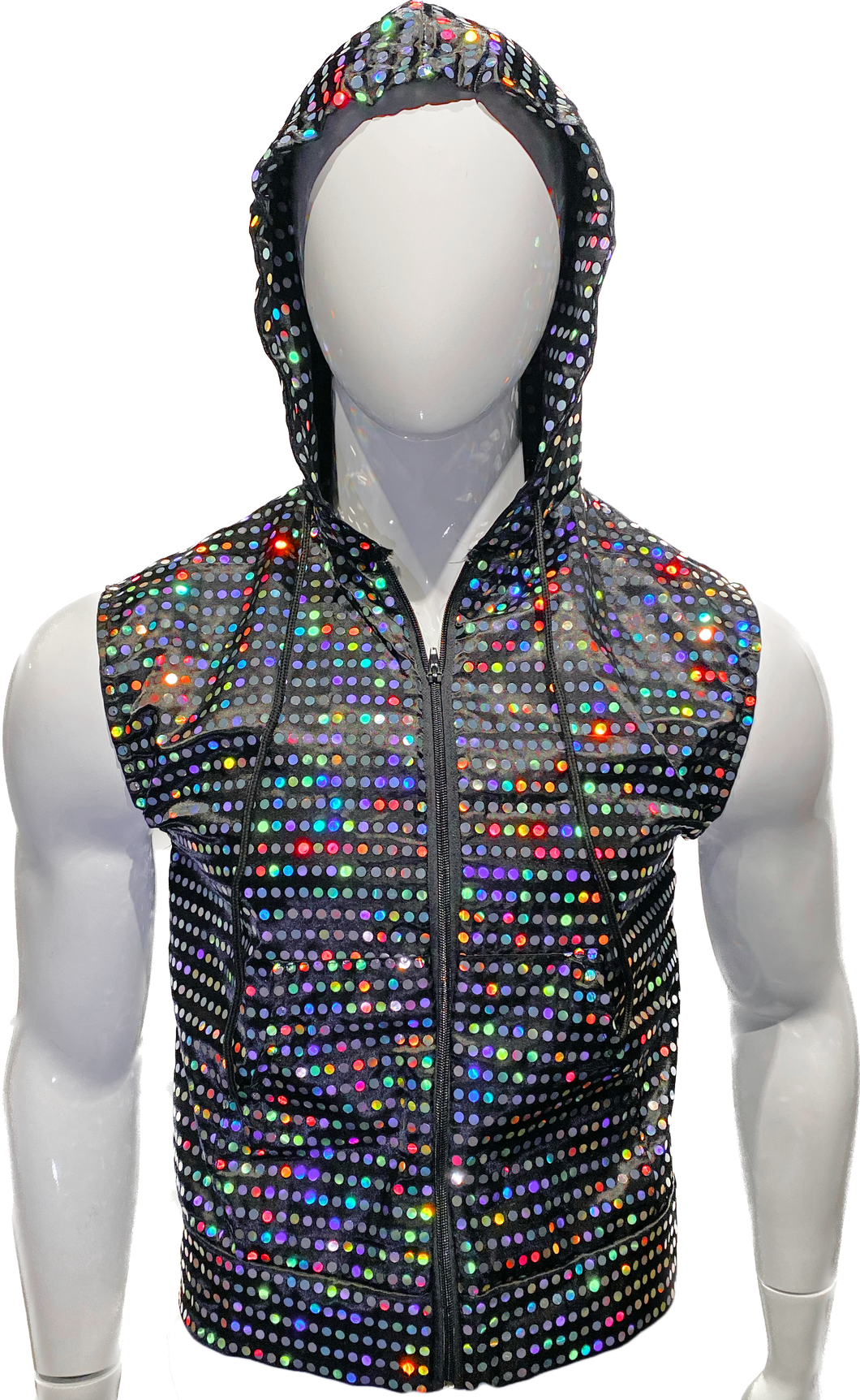 Flat Sequins Zip Up Hooded Vest - Black Holo