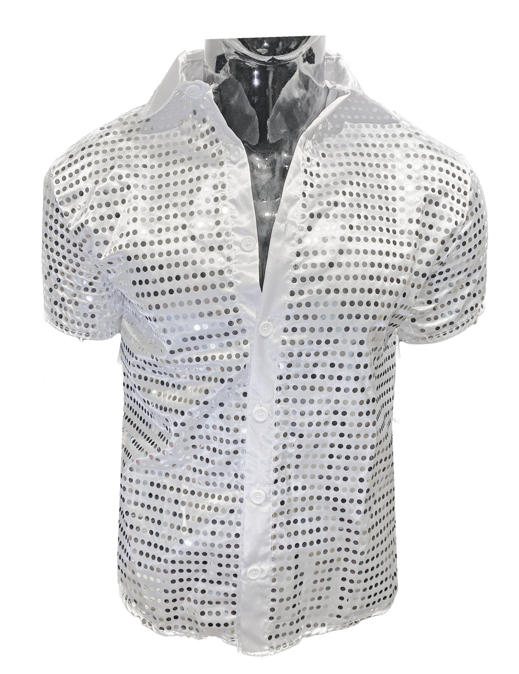 Sequins Short Sleeve Button-Up - White Silver