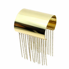 Load image into Gallery viewer, Gold cuff bracelet with dangling chains on a white background
