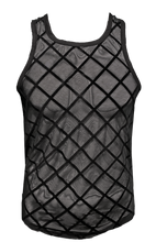 Load image into Gallery viewer, Black mesh tank top with diamond shaped pattern 
