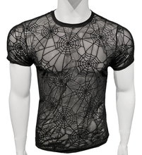 Load image into Gallery viewer, Black mesh t-shirt with spider web design on a white mannequin

