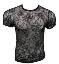 Load image into Gallery viewer, Black mesh t-shirt with spider web design on a ghost mannequin
