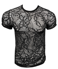 Load image into Gallery viewer, Black mesh t-shirt with a thorny vine design on a ghost mannequin
