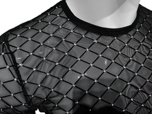 Load image into Gallery viewer, Close up of a black mesh t-shirt with diamond shaped pattern and a dot of silver sparkles at the intersections, on a white mannequin
