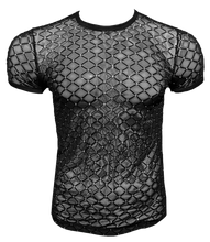 Load image into Gallery viewer, Black mesh t-shirt with diamond shaped pattern and a dot of silver sparkles at the intersections
