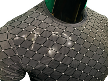 Load image into Gallery viewer, Close up of black mesh t-shirt with diamond shaped pattern and a dot of silver sparkles at the intersections, on a black mannequin
