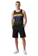 Load image into Gallery viewer, Model wearing a black sports mesh tank top with a rainbow stripe across the upper chest.
